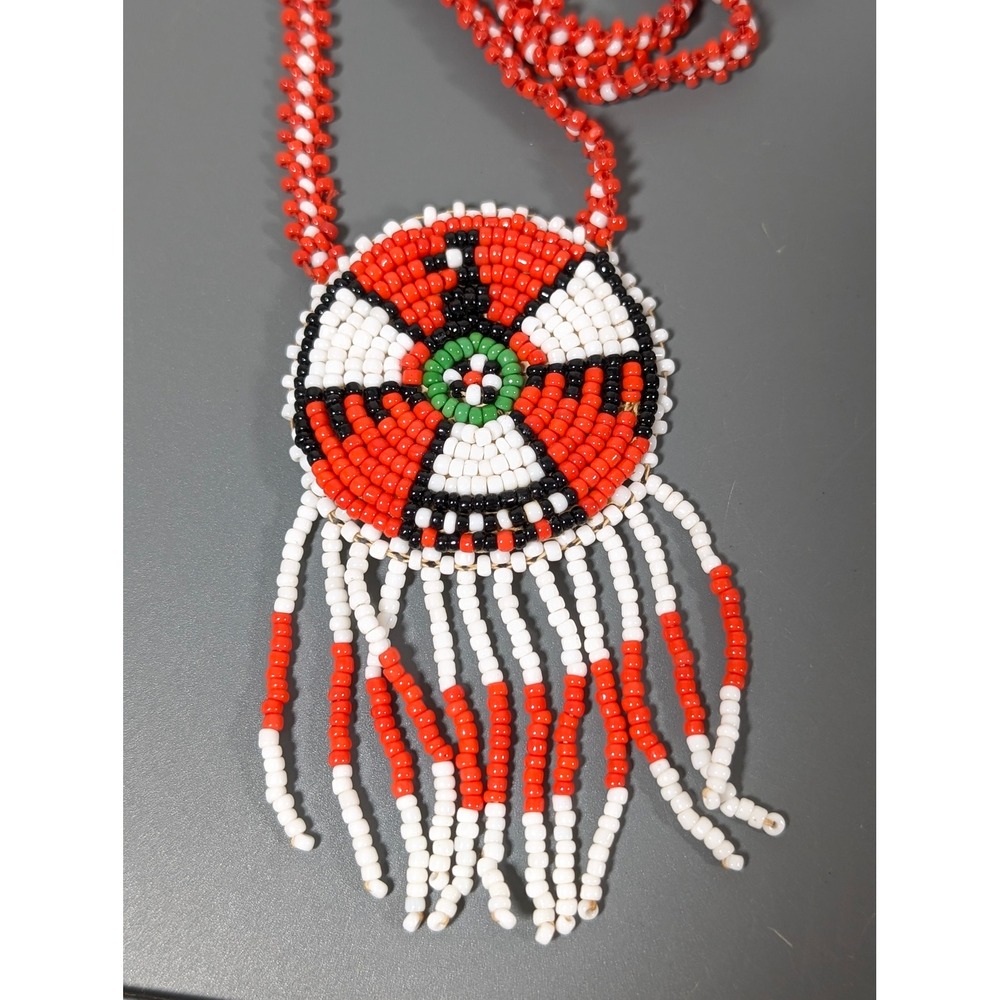 Native Style Thunderbird Seed Bead Fringe Statement Necklace Red White 28 Inch